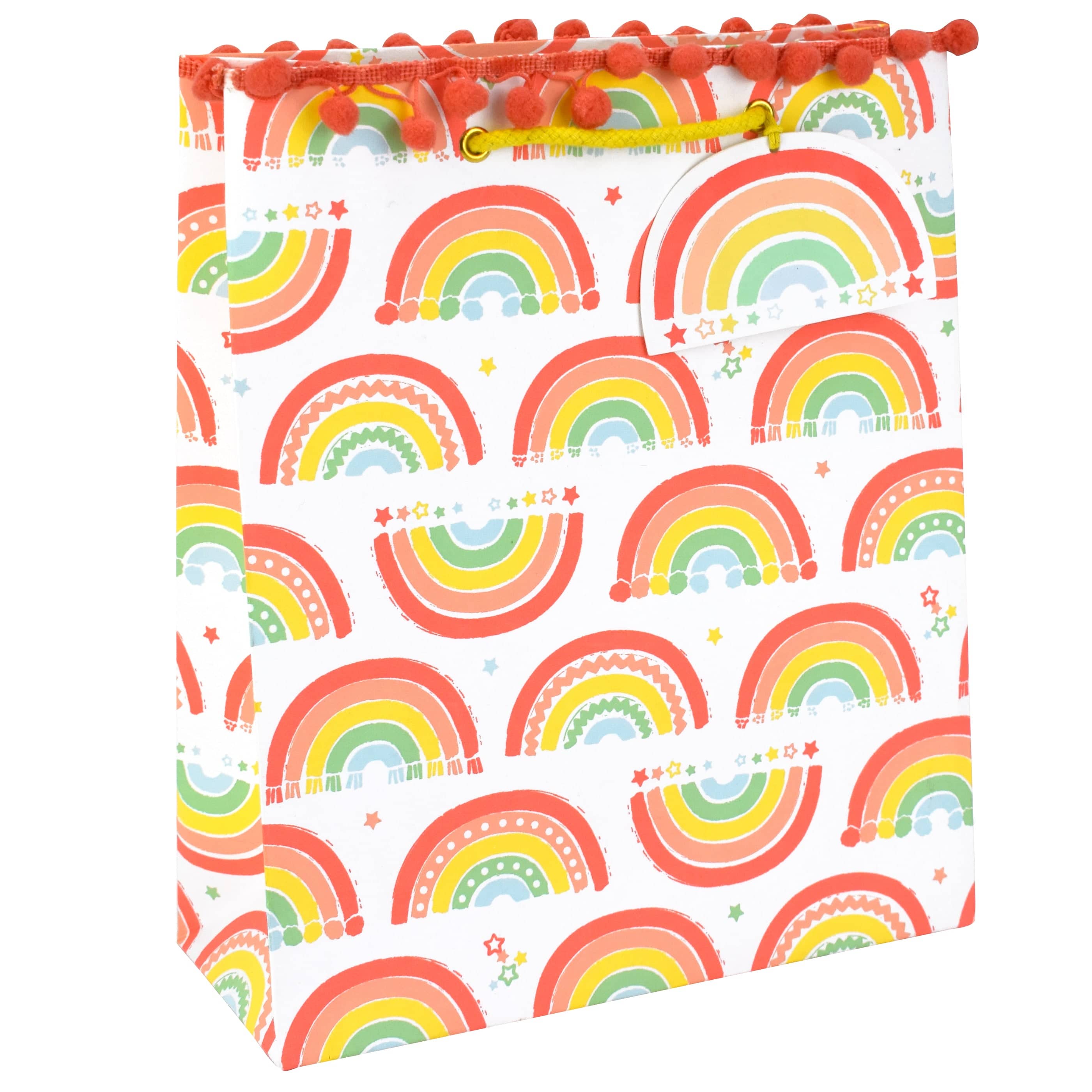 Colorful rainbow large gift bag by Love Vivid with vibrant rainbow stripes and sturdy handles, ideal for special occasions.